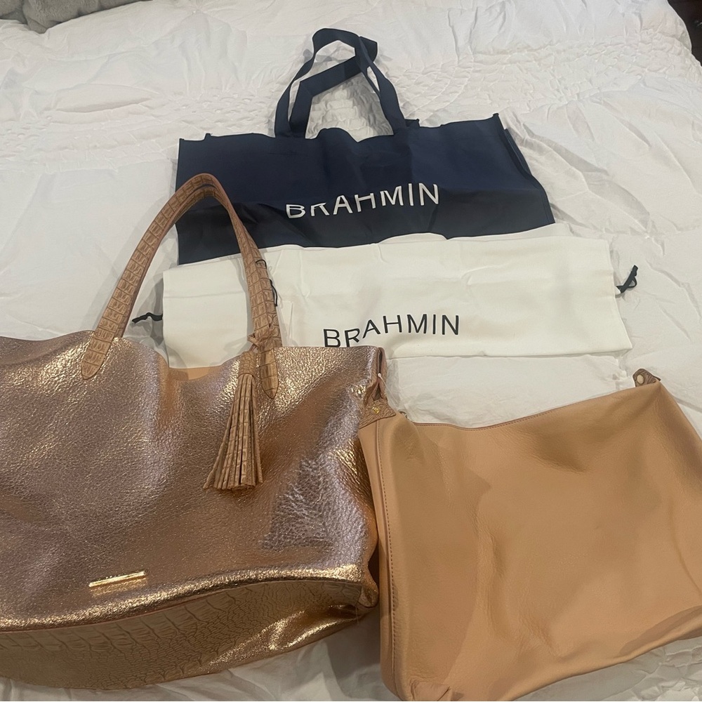 New Brahmin Dakota Leather Reversible Tote Bag Metallic with matching pouch